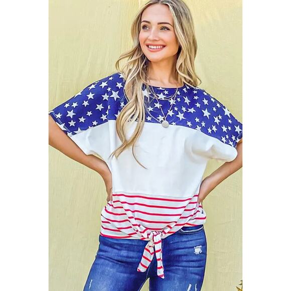 And The Why American Flag Print Tie Knot Front Detail Short Sleeves Casual Top - Picture 7 of 8